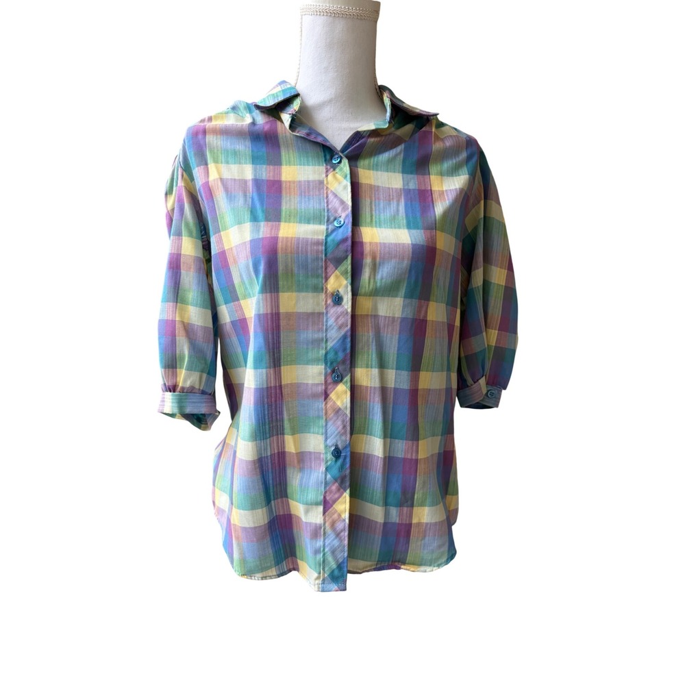 Cheryl Tiegs Rainbow Plaid Puff Sleeve Button Down Shirt Womens M Vintage 80s